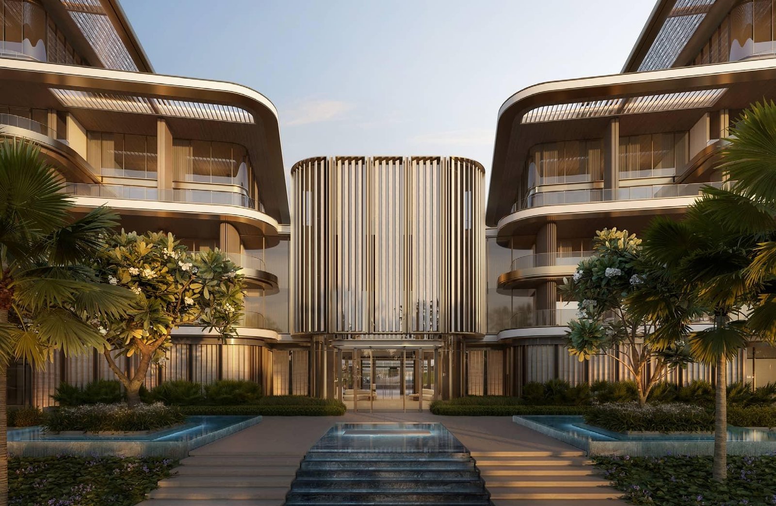 Palm-lined luxury entrance at Four Seasons Private Residences